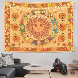 Tapestries Sun Moon Tapestry Wall Hanging Ancient Yellow Home Decorative Room Decor Art Celestial Carpet Farmhouse Blanket