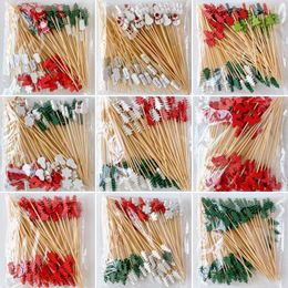 Forks 100Pcs Christmas Bamboo Skewer Cocktail Picks Cupcake Topper Disposable Buffet Dessert Toothpicks Fruit Fork Xmas Party Supplies
