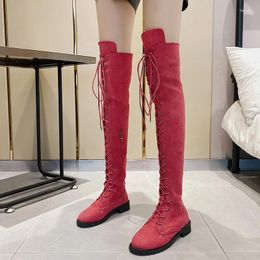 Boots Sexy Lace Up Over Knee Women Flats Shoes Woman Square Heel Zipper Flock Botas Winter Thigh High Big 43