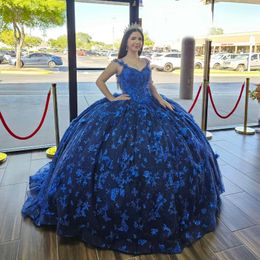 Sparkly Princess Navy Blue Off Shoulder Quinceanera Dresses 2024 Lace Applique Bow Sweet 16 Ball Gown Vestidos De 15 Anos
