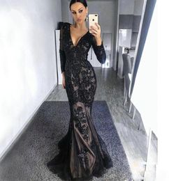 Classic Black Mermaid Evening Dresses Deep V Neck Long Sleeve Sequined Celebrity Gown Sweep Train Formal Dress Plus Size8829051