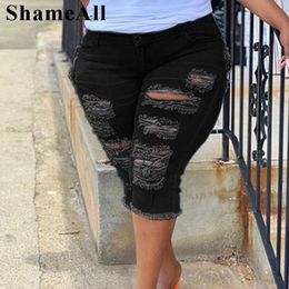 Women Plus Size Street Fringe Ripped Stretch Skinny Black Denim Shorts Summer Sexy Club Party High Waisted Short Jeans pants 240329