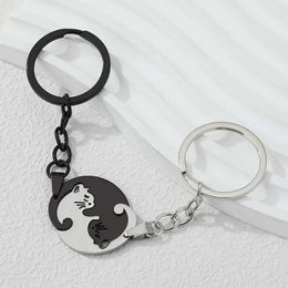 Keychains Lanyards Couple Cat Puzzle Round Heart Lover Animal Key Rings Valentines Day Gift For Women Men Handbag Decoration Jewellery Q240403