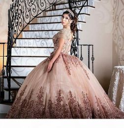 vestidos de 15 aos 2021 Scoop Neck Tassel Beaded Quinceanera Dresses rose gold Applique Keyhole Back Ball sweet 16 Prom Gowns5900473