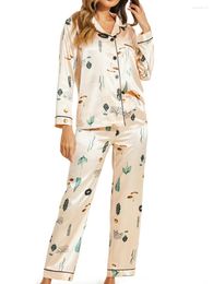 Women's Sleepwear Women Satin Pyjamas Lounge Set Leaves Print Turn-Down Collar Long Sleeve Shirts Tops And Pants 2 Piece Loungewear Outfits