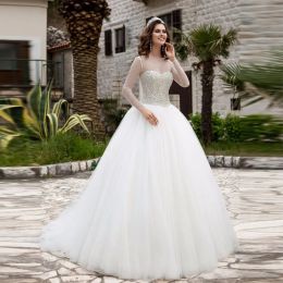 Dresses Elegant Wedding Dress 2019 Illusion Necklin Long Sleeve Beading Bodice Vestido De Noiva Sheer Back ALine Court Train Tulle Bridal