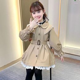 3-12 Y Girls Long Trench Coats Fashion England Style Windbreaker Jacket Spring Autumn Kids Lace Lower Hem Casual Clothing