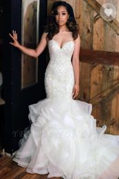 African Sweetheart Organza Mermaid Wedding Dresses Bead Stones Top Layered Ruffles Plus Size Wedding Bridal Gowns robe de mariee B3210264