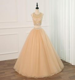 Bling Gold Ball Gown Prom Dresses Jewel Neck Crystal Tulle Hollow Back Two Pieces Cheap Designer Ruched Long Evening Formal Gowns 9558110