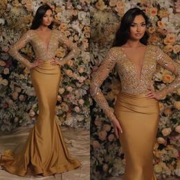 Elegant Gold Mermaid V Dresses Evening Plunging Neck Beaded Long Sleeves Prom Dress Ruffles Formal Dresses For Women