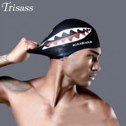 Trisass Mans Swimming Cap Adult Elastic Shark Caps Waterproof Protect Ears Long Hair Soft Women Bathing 240403