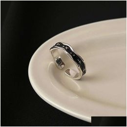 Band Rings Vintage Black Agate Love Sier Fragmented Elastic Rope Ring Cool Style Handicraft Drop Delivery Jewelry Dhp1J