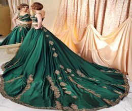 2019 Hunter Green Satin A Line Long Dubai Kaftan Evening Dresses with Lace Applique Two Pieces Prom Dresses African2452138