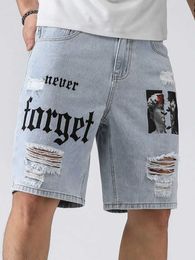 Men's Shorts Mens summer street style tear dye design denim shorts with high elasticity and comfortable knee length J240407