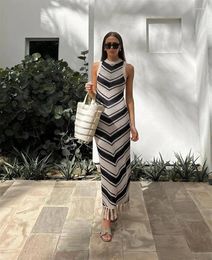 Sexy Sleeveless Striped Knitting Dress Beach Cover Up Sarong Women Swimsuit Summer Tassel Bikini Cover-ups Crochet Swimwear