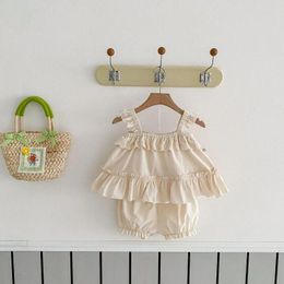 Clothing Sets Korean Baby Set 2024 Summer Girls' Suit Suspender Embroidered Shirt Short Sweet Two-piece