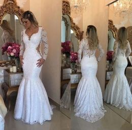Dresses Lace Long Sleeve Mermaid Wedding Dresses 2017 Elegant Arabic Floor Length Bridal Vestidos Plus Size Back Covered Buttons Wedding G
