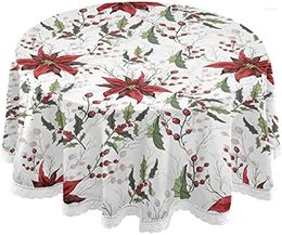 Table Cloth Christmas Flowers Poinsettia Holly Round Winter Xmas Floral Polyester White Lace Tablecloth 60 Inch