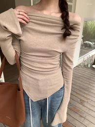 Women's T Shirts 2024 Spring Autumn Long Sleeve Women T-shirts Fashion Irregular Folds Slim Tee Shirt Ladies Sexy Elegant Tops