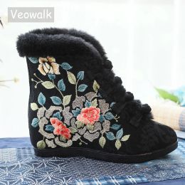 Boots Veowalk 6cm Inside Wedge High Heel Winter Women Cotton Warm Lining Booties Chinese Embroidered Shoes Short Ankle Boots Black