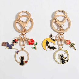 Keychains Lanyards Cartoon Keychain Witch Girls Moon Cat Bat Rose Flower Key Ring Enamel Chains Souvenir Gifts For Women Men Handmade Jewelry Q240403