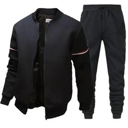 2024 Mens Jacket Fashion Casual Bomber Sweatpants 2 Piece Set Solid Color Slim Stand Collar Coats Tracksuit Plus Size S4Xl 240325