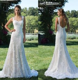 Lace Appliques Sweetheart Neckline Mermaid Dress Backless Button Sweep Train Wedding Dress with Lace Straps vestidos de formatura6329534