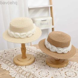 Wide Brim Hats Bucket Hats New Fashion Straw Hat Parent-child Travel Beach Bucket Hat Rose Flower Lace Beach Sun Caps Women Girls Panama Kids Party Hat 240407