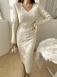 Casual Dresses Fashion Autumn Winter Knitted Long Stretchy Women Clothing Ladies Sweater V-Neck Bodycon Dress Mujer Robe Femme Vestidos