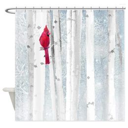 Shower Curtains Red Cardinal Bird Snow Birch Trees Decorative Fabric Curtain