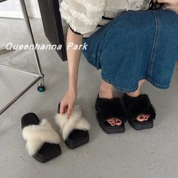 Slippers Spring And Autumn Square Headed Cross Fleece Thick Sole For Womens Korean Style Casual Cool