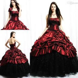 Dresses Vintage Red And Black Gothic Corset Ball Gown Wedding Dresses with Jacket 2019 Modest Strapless Church Taffeta Ruffles Wedding dre