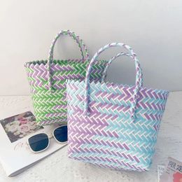 Storage Bags Handmade Rattan Shopping Basket Bag Colorblock Straw Fruit Handbag Picnic Beach Wicker With Handle Fashion