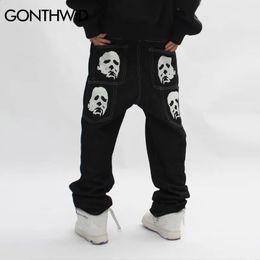 Hip Hop Gothic Denim Pants Streetwear Mens Graphic Print Baggy Punk Rock Jeans Harajuku Casual Loose Jean Trousers Black 240329