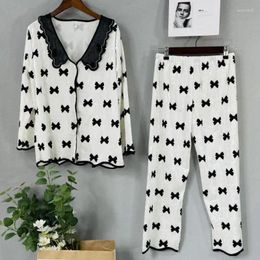 Home Clothing Autumn Casual V-Neck 2PCS Pajamas Suit Velvet Sleep Set Intimate Lingerie Long Sleeve White Sleepwear With Bow