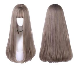 Long straight hair with inner buckle and micro curly wig, women's long curly hair with thin air and bangs that can be slanted, popular style