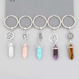 Keychains Lanyards 1Pc New Arrival Colourful Stone KeyRing Yoga OM Pendant Keychain Women Bag Hangle Car Jewellery Accessories E2505-E2509 Q240403