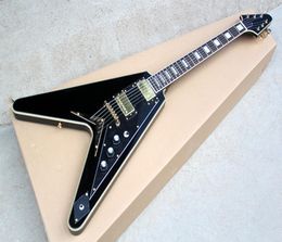 Ebony Fingerboard V Shape body Black Electric Guitar with Frets BindingStringthrubody BridgeGolden hardwarecan be customized6074238