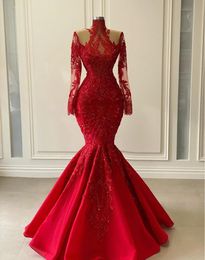 2021 Arabic Aso Ebi Red Luxurious Lace Beaded Evening Dresses High Neck Red Shiny Long Sleeves Formal Mermaid Prom Gowns Vestidos6772394