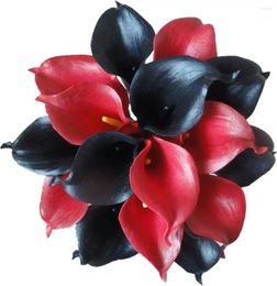 Decorative Flowers Lily Garden Mini 15" Artificial Calla 16 Stem Flower Bouquets With Ribbon (8 Black &8 Red)