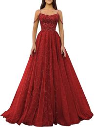 Spaghetti Long Prom Dresses Sequins Sweetheart Ball Gown Tulle Plus Size Formal Occasion Evening Party Gown Pd09
