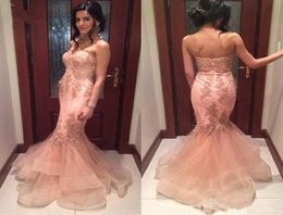 2019 Blush Mermaid Prom Dresses Sweet Heart Backless Appliques Beads Long Arabic Formal Evening Party Gowns Special Occasion Dress8370321