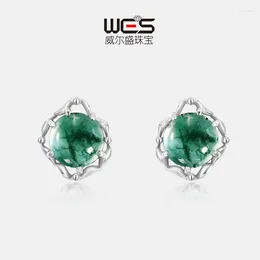 Stud Earrings Personalized And Unique Green Moss S925 Silver Inlaid Water Grass Agate Fashion Elegant In Europe America