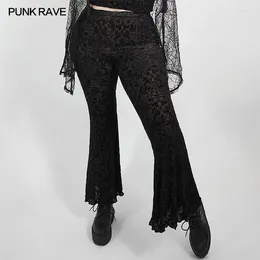 Women's Pants PUNK RAVE Dark Goth Flared Women Size Daily Wear Mid-Waist Club Trousers Elastic Knitted Rose Gold Velvet Perspective Mesh