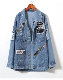 Women039s Ladies Bear Patch Denim Jacket With Sequins Pins Women Punk Beadings Long Sleeve Loose Street Wear Jeans Jackets Coat3798086