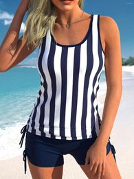 Women's Swimwear Plus Size Striped Vest Set Geographic Round Neck Knot Side And Shorts Swimsuit Two-piece