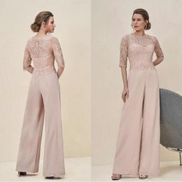 2019 New Design Women One Piece Jumpsuits Dresses Evening Wear Pearl Pink Lace Bodice Chiffon Column Pants Half Length Sleeves Wom6169793