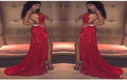 Red Sequined Sparkly Prom Dresses Sexy Low Back Front High Slit Long Mermaid 2020 Party Gown Evening Dress Customise Plus Size5993317
