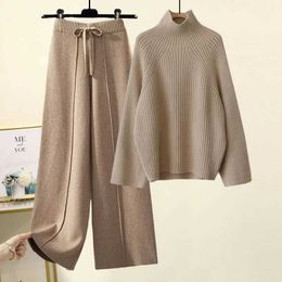 Women's Two Piece Pants Womens 2023 Winter Y2K Turtle Neck Set Extra Large Sweater Wide Leg Pants Two piece Knitted Coat Boat SuitC240407