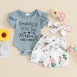 Clothing Sets Cute Born Baby Girls Set Summer Princess Short Sleeve Letters Print Romper Flower Belted Shorts With Hairband Outfit